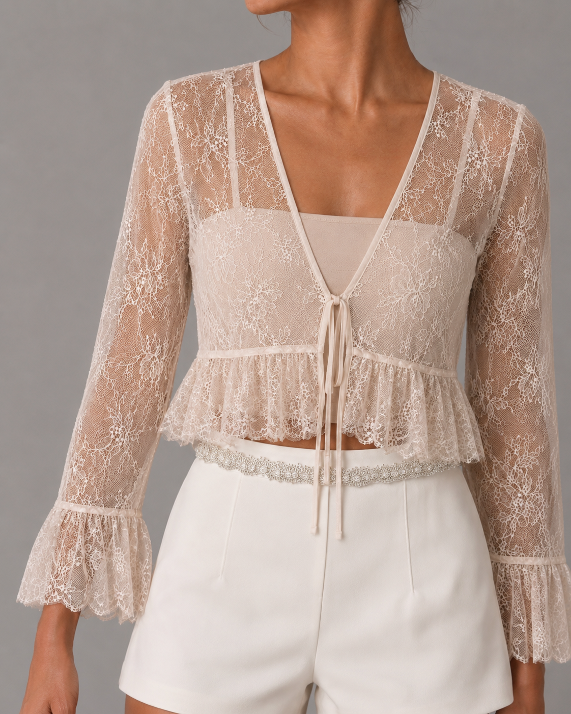 White Sheer Lace Tie Front Cropped Blouse Long Flare Sleeve V Neck Ruffled Hem See Through Top
