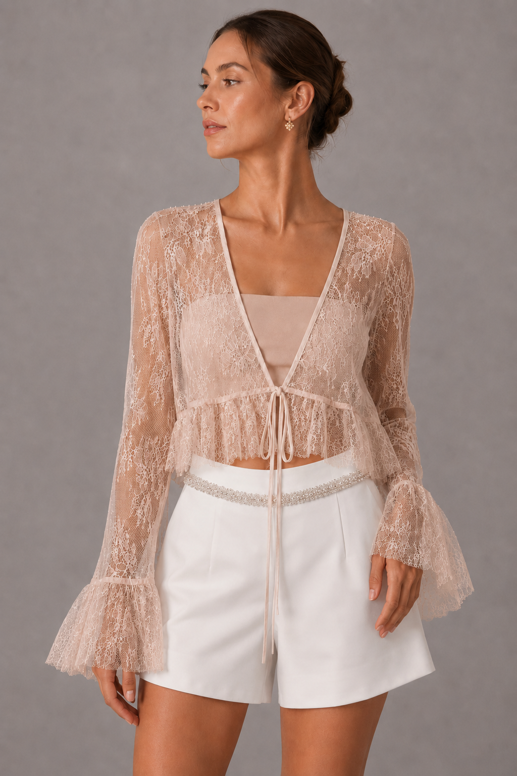 White Sheer Lace Tie Front Cropped Blouse Long Flare Sleeve V Neck Ruffled Hem See Through Top