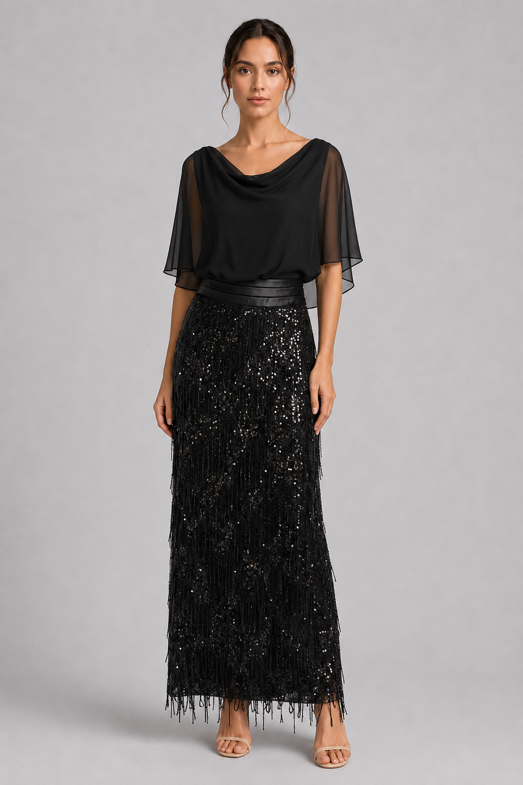 Black Chiffon Cowl Neck Cape Sleeve Overlay Blouse