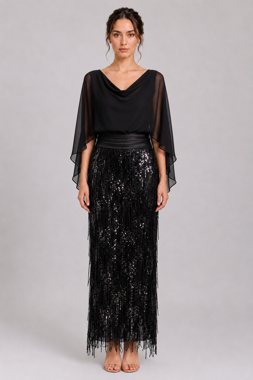 Black Chiffon Cowl Neck Cape Sleeve Overlay Blouse