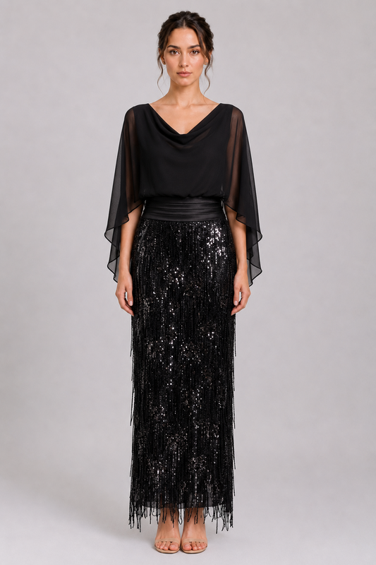 Black Chiffon Cowl Neck Cape Sleeve Overlay Blouse