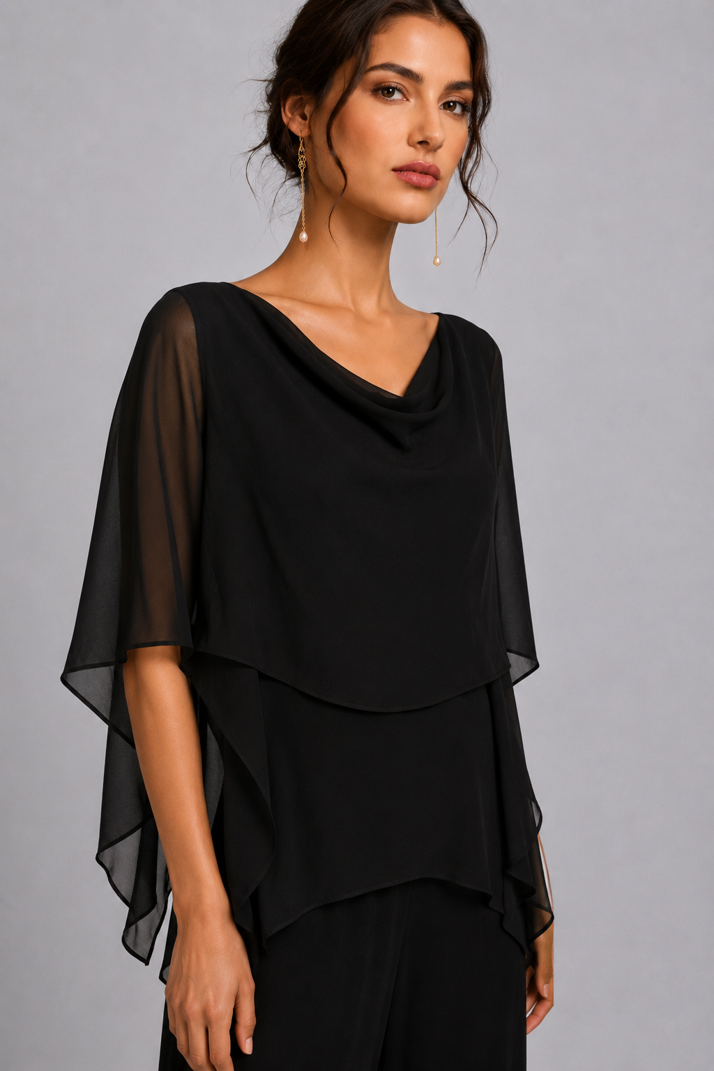Black Chiffon Cowl Neck Cape Sleeve Overlay Blouse