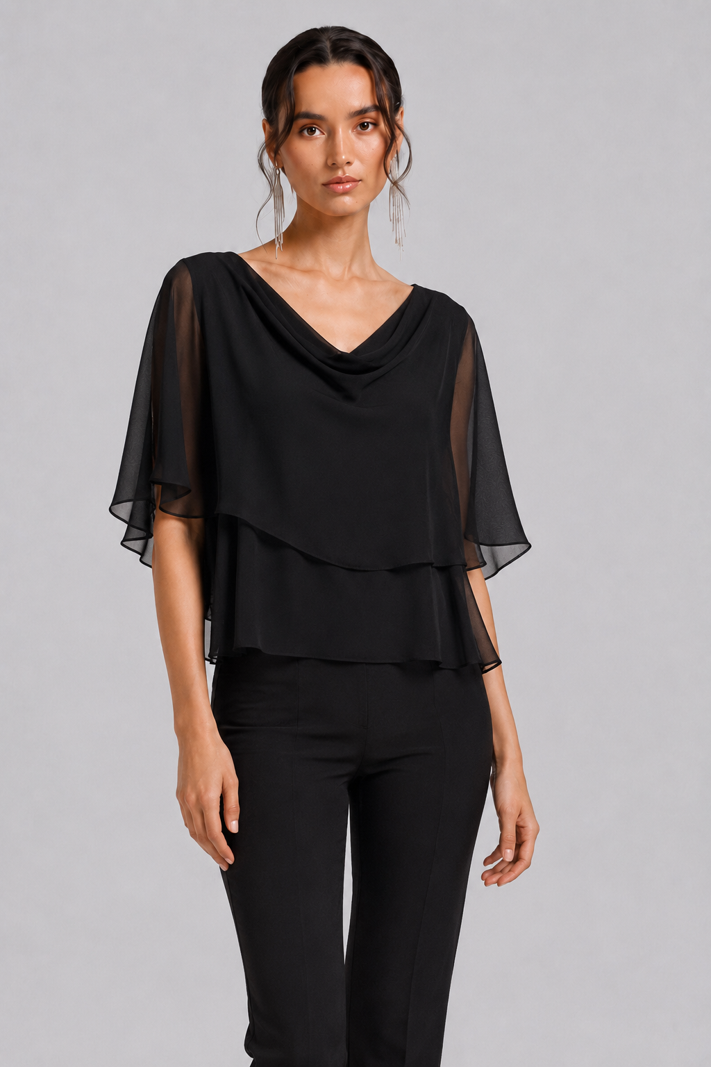 Black Chiffon Cowl Neck Cape Sleeve Overlay Blouse