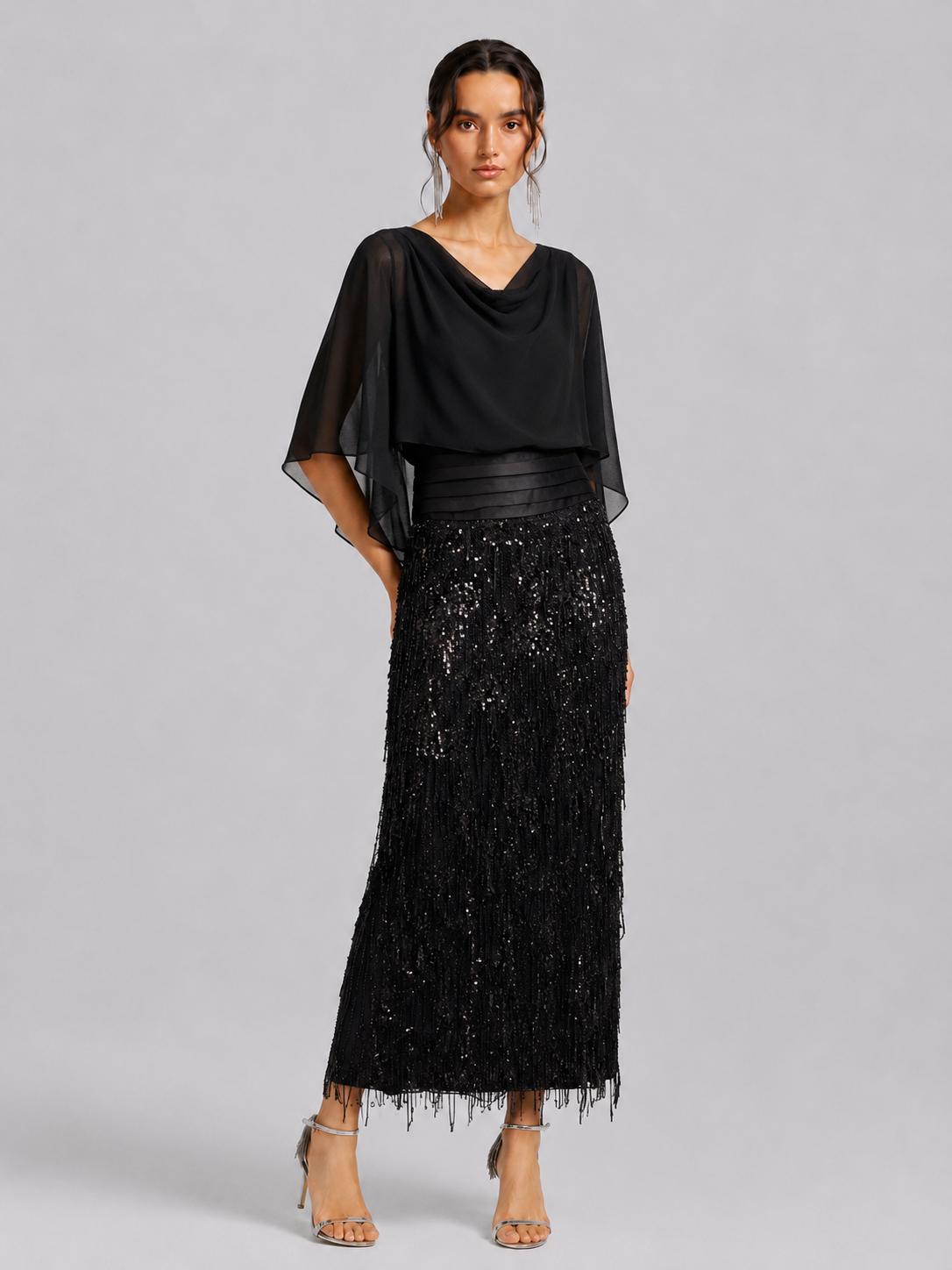 Black Sequin Beaded Fringe Maxi Skirt