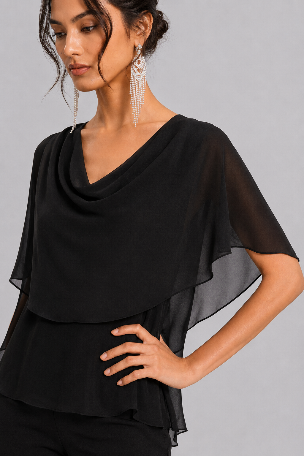 Black Chiffon Cowl Neck Cape Sleeve Overlay Blouse