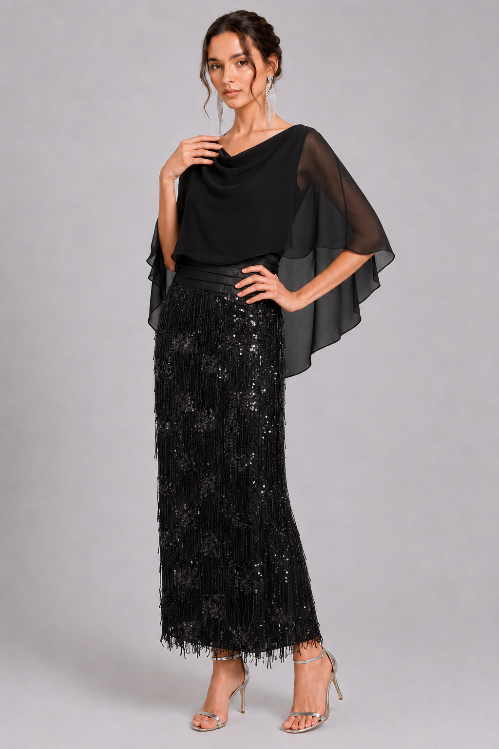 Black Chiffon Cowl Neck Cape Sleeve Overlay Blouse