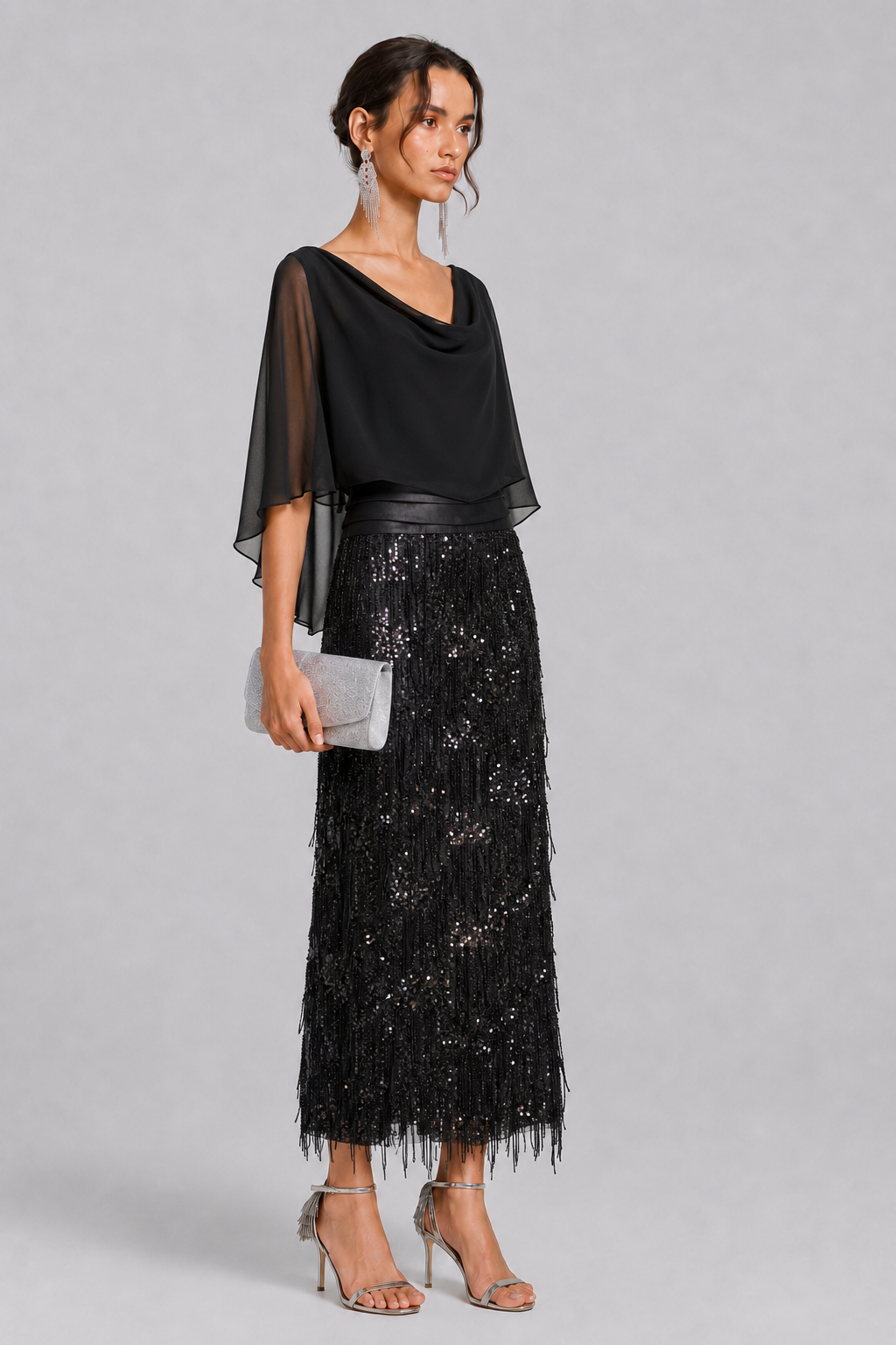 Black Chiffon Cowl Neck Cape Sleeve Overlay Blouse