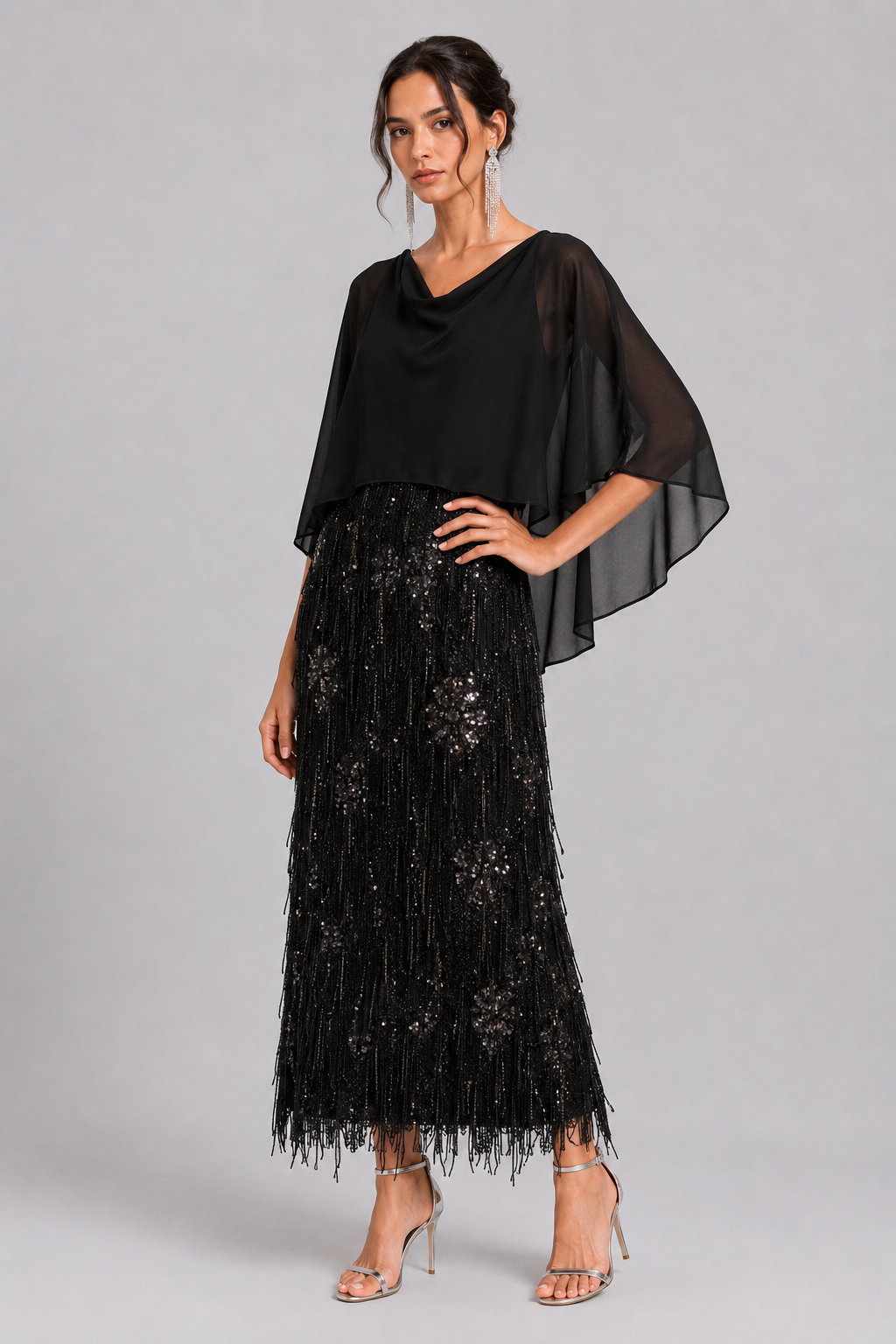 Black Sequin Beaded Fringe Maxi Skirt