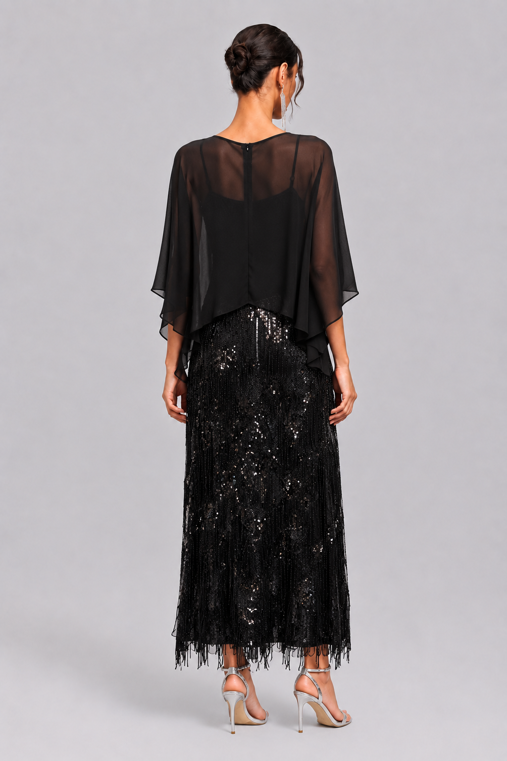 Black Chiffon Cowl Neck Cape Sleeve Overlay Blouse