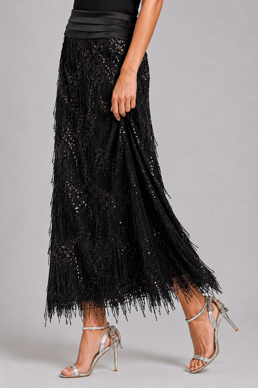 Black Sequin Beaded Fringe Maxi Skirt
