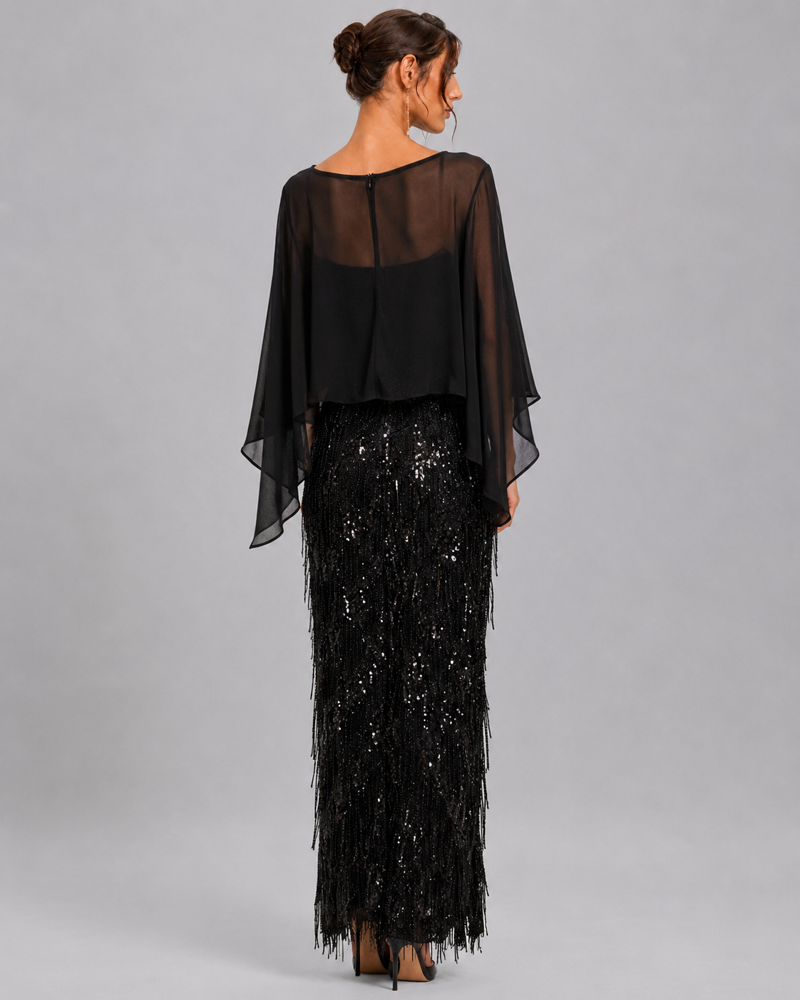 Black Sequin Beaded Fringe Maxi Skirt