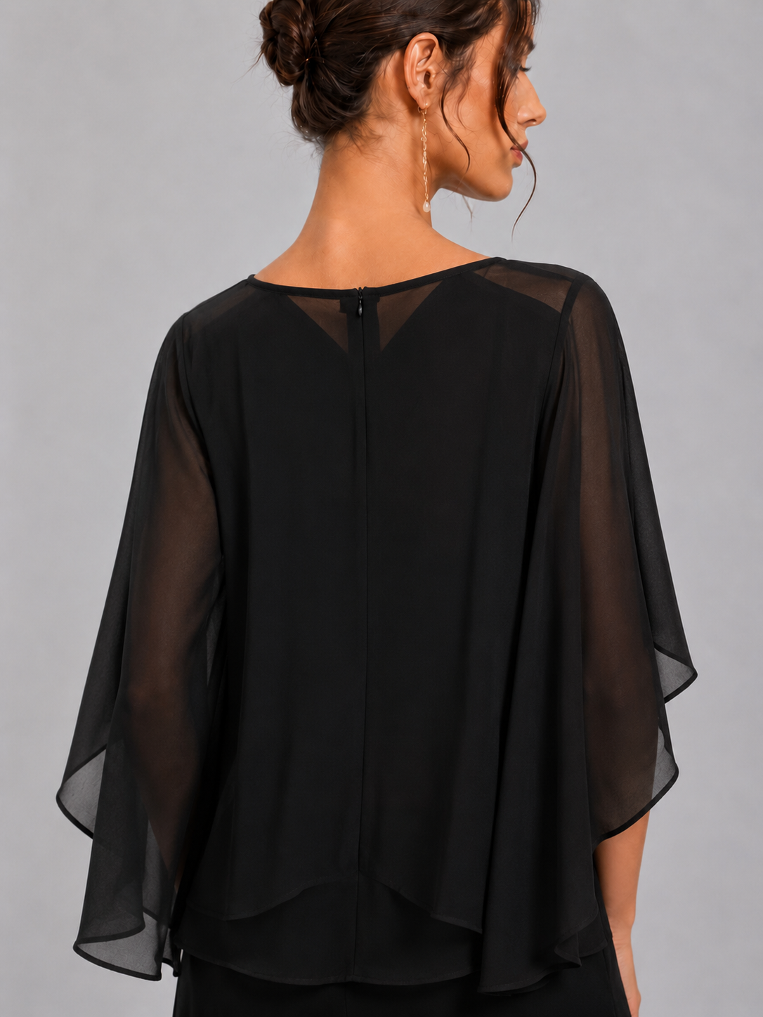 Black Chiffon Cowl Neck Cape Sleeve Overlay Blouse