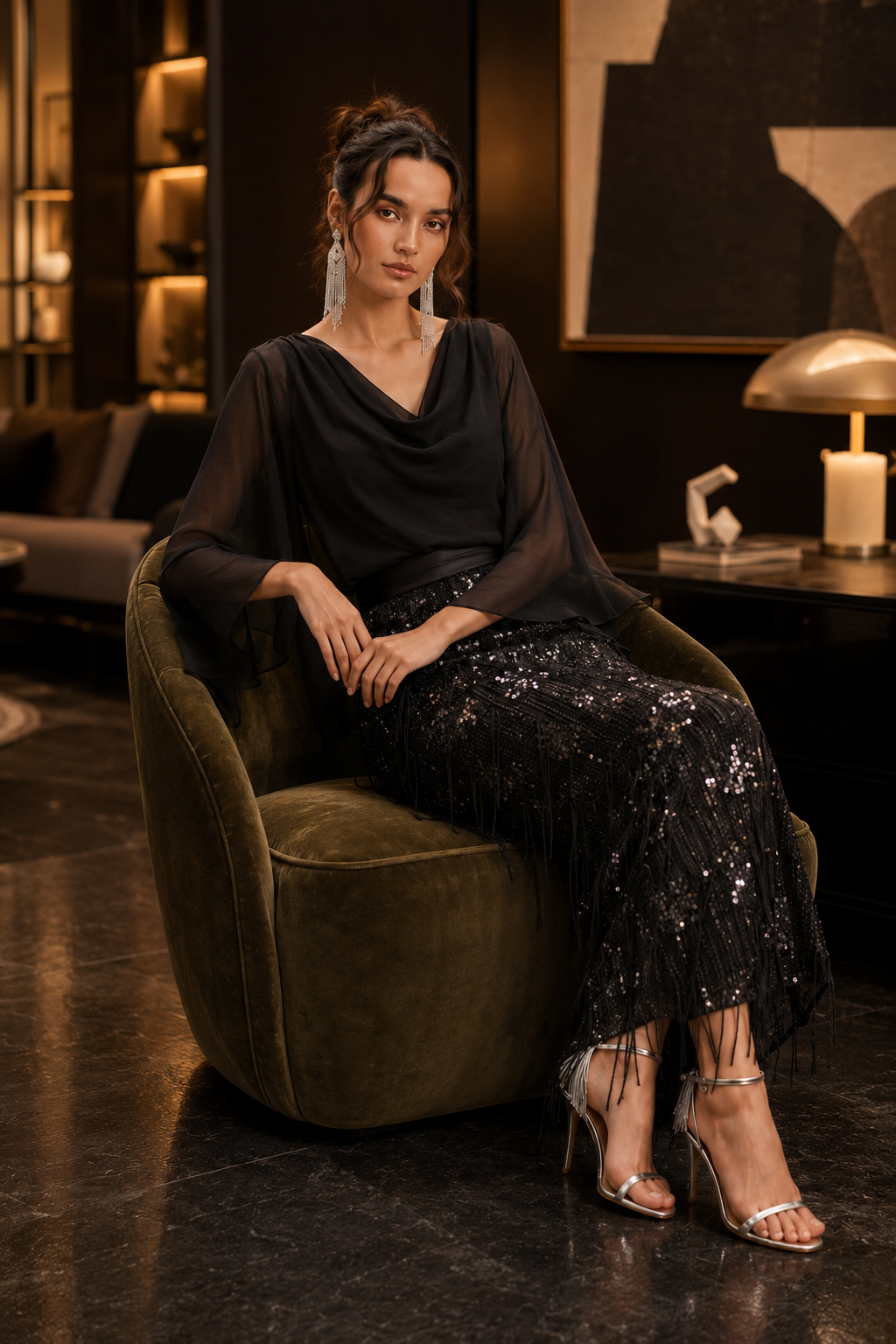 Black Chiffon Cowl Neck Cape Sleeve Overlay Blouse