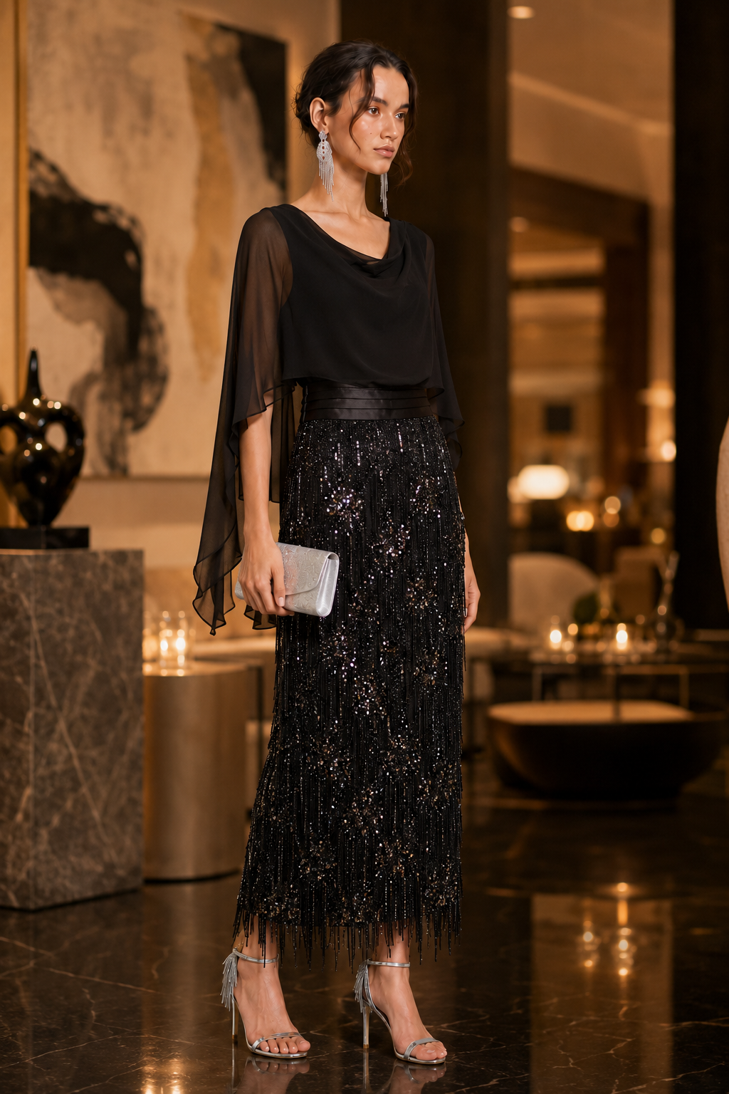 Black Chiffon Cowl Neck Cape Sleeve Overlay Blouse
