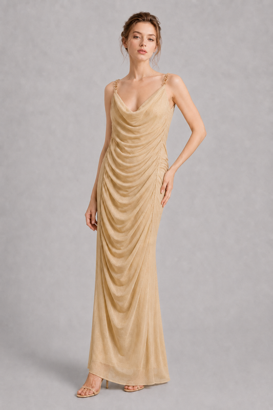 Champagne Gold Cowl Neck Maxi Dress
