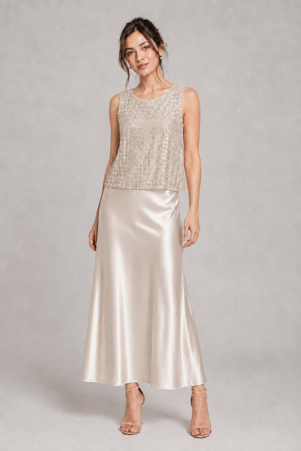 Ivory Beaded Sequin Sleeveless Tank Top