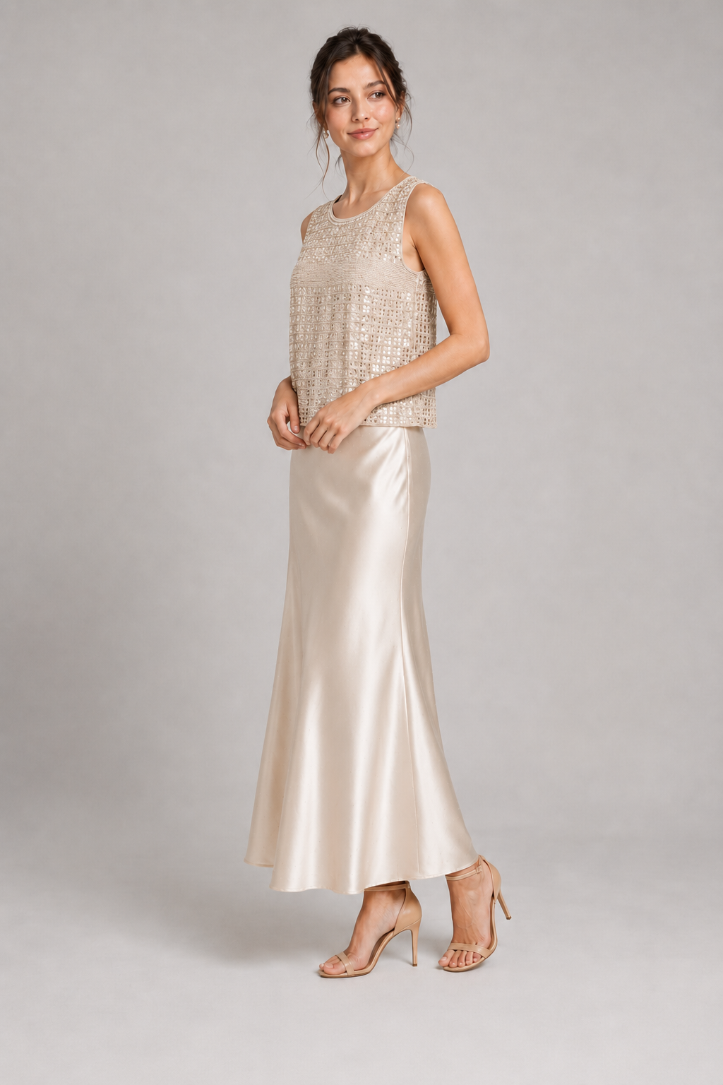 Ivory Beaded Sequin Sleeveless Tank Top