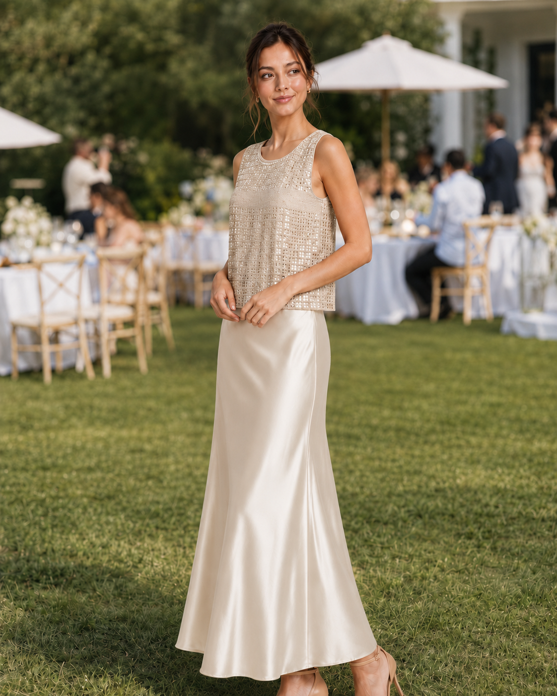 Ivory Beaded Sequin Sleeveless Tank Top