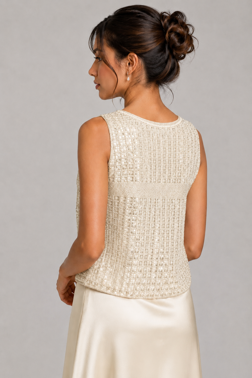 Ivory Beaded Sequin Sleeveless Tank Top