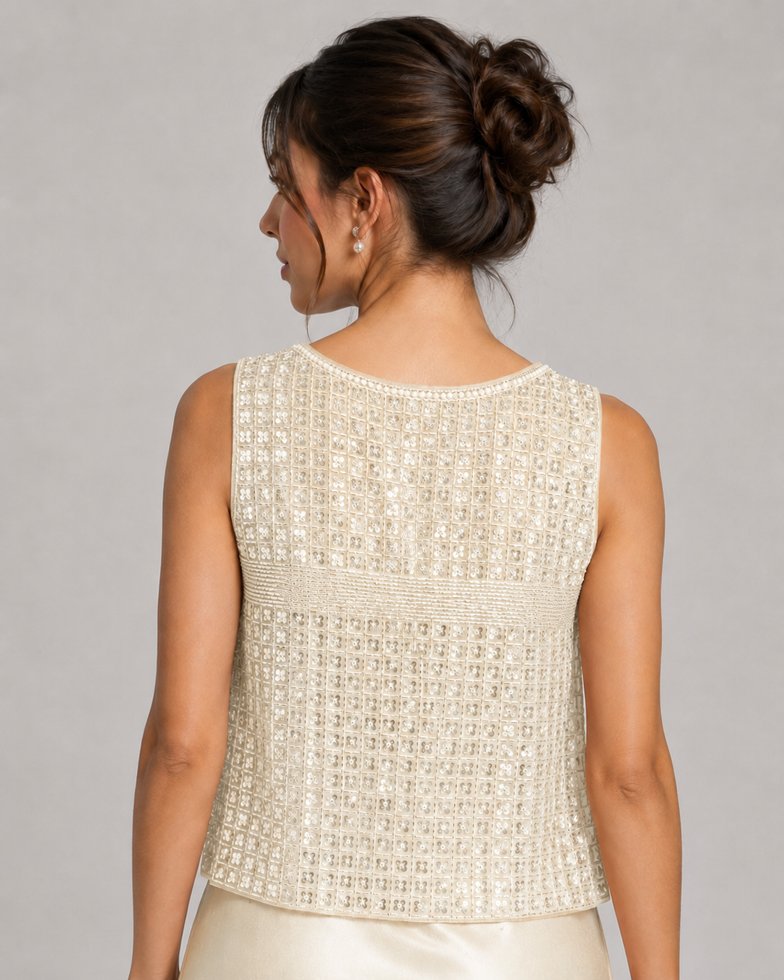 Ivory Beaded Sequin Sleeveless Tank Top