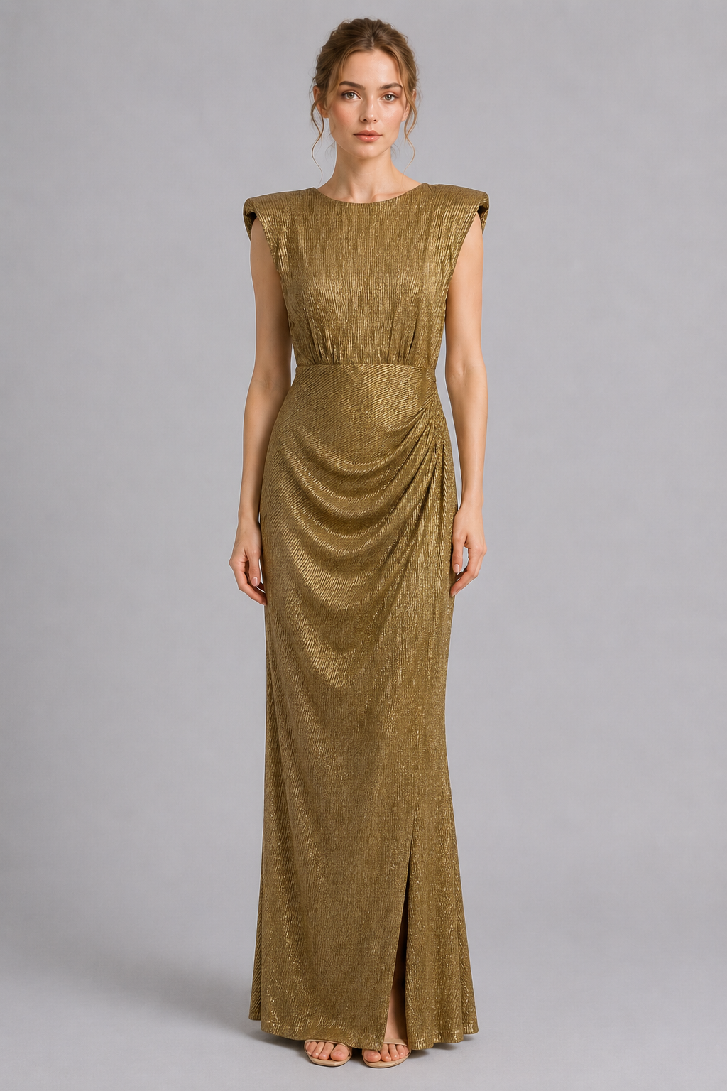 Metallic Gold Cap Sleeve Ruched Mermaid Maxi Dress