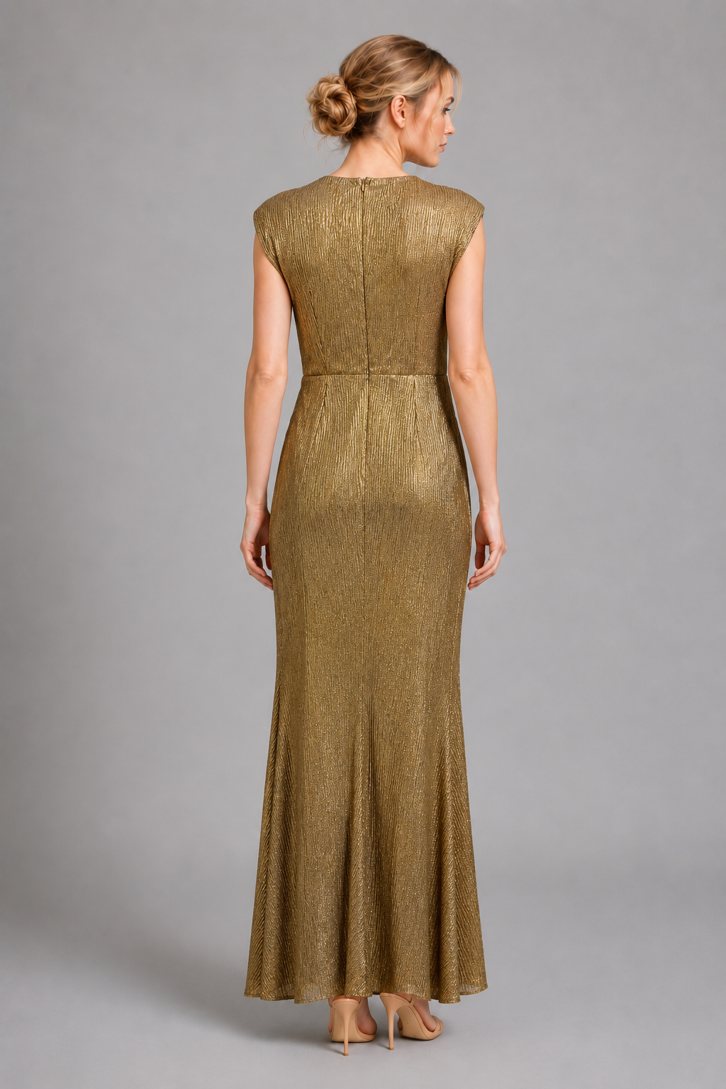 Metallic Gold Cap Sleeve Ruched Mermaid Maxi Dress