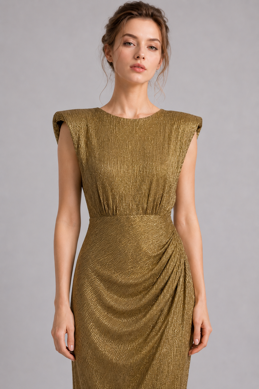 Metallic Gold Cap Sleeve Ruched Mermaid Maxi Dress