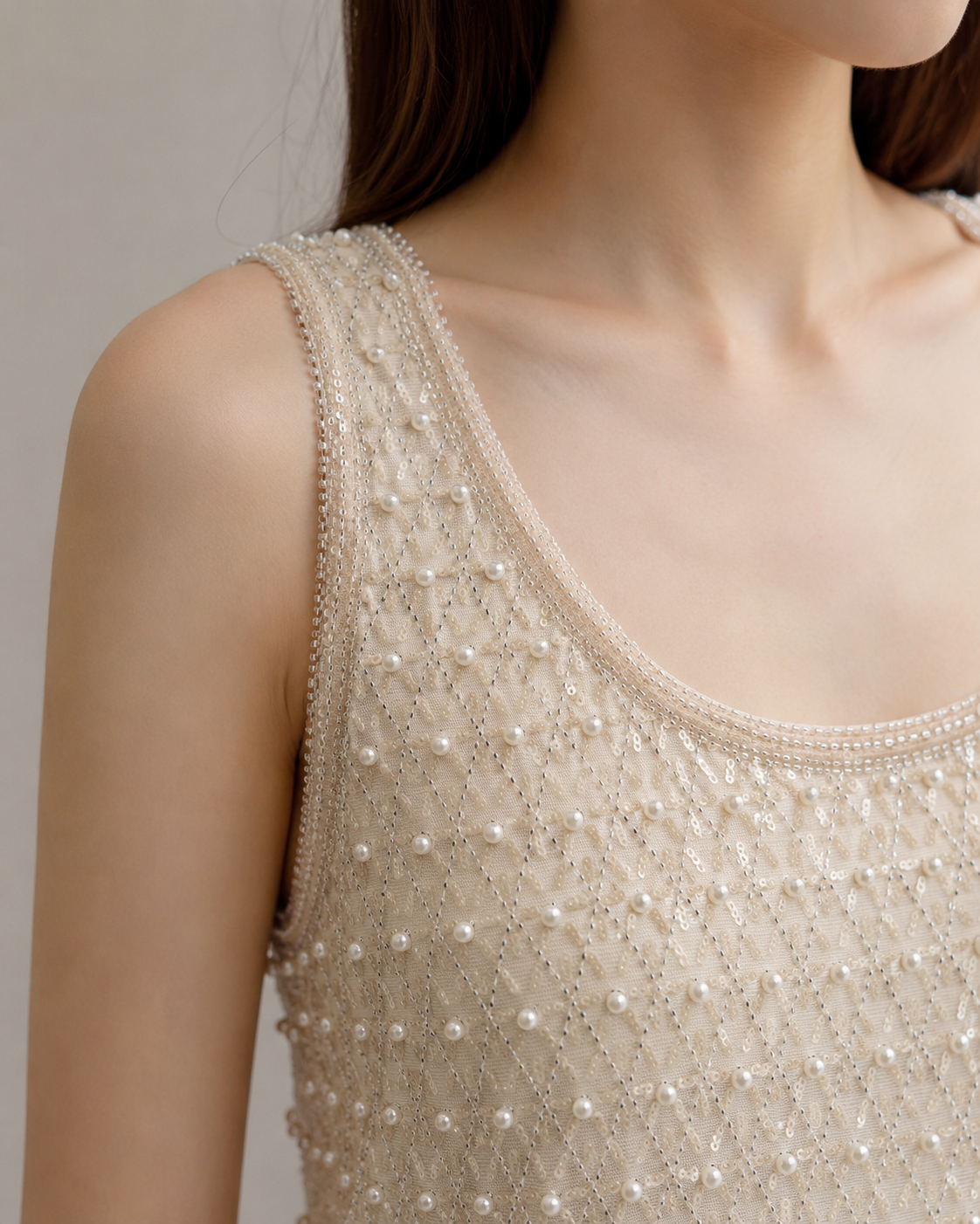 Nude Pearl Beaded Tank Top
