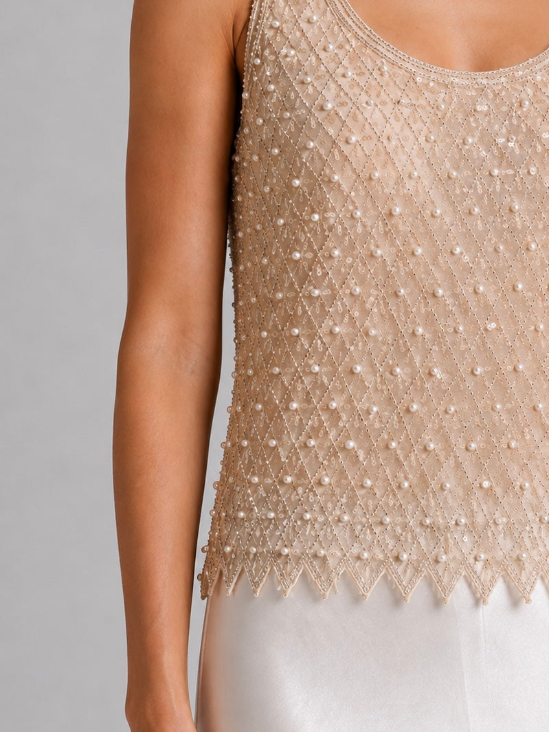 Nude Pearl Beaded Tank Top