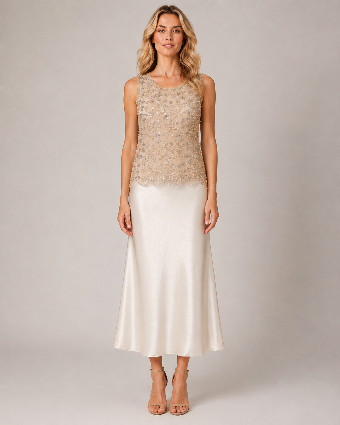 Beaded Floral Mesh Sleeveless Tank Top