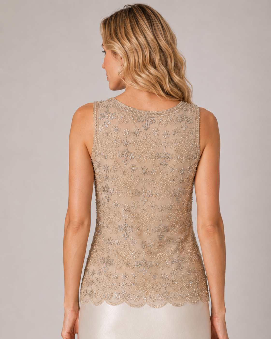 Beaded Floral Mesh Sleeveless Tank Top