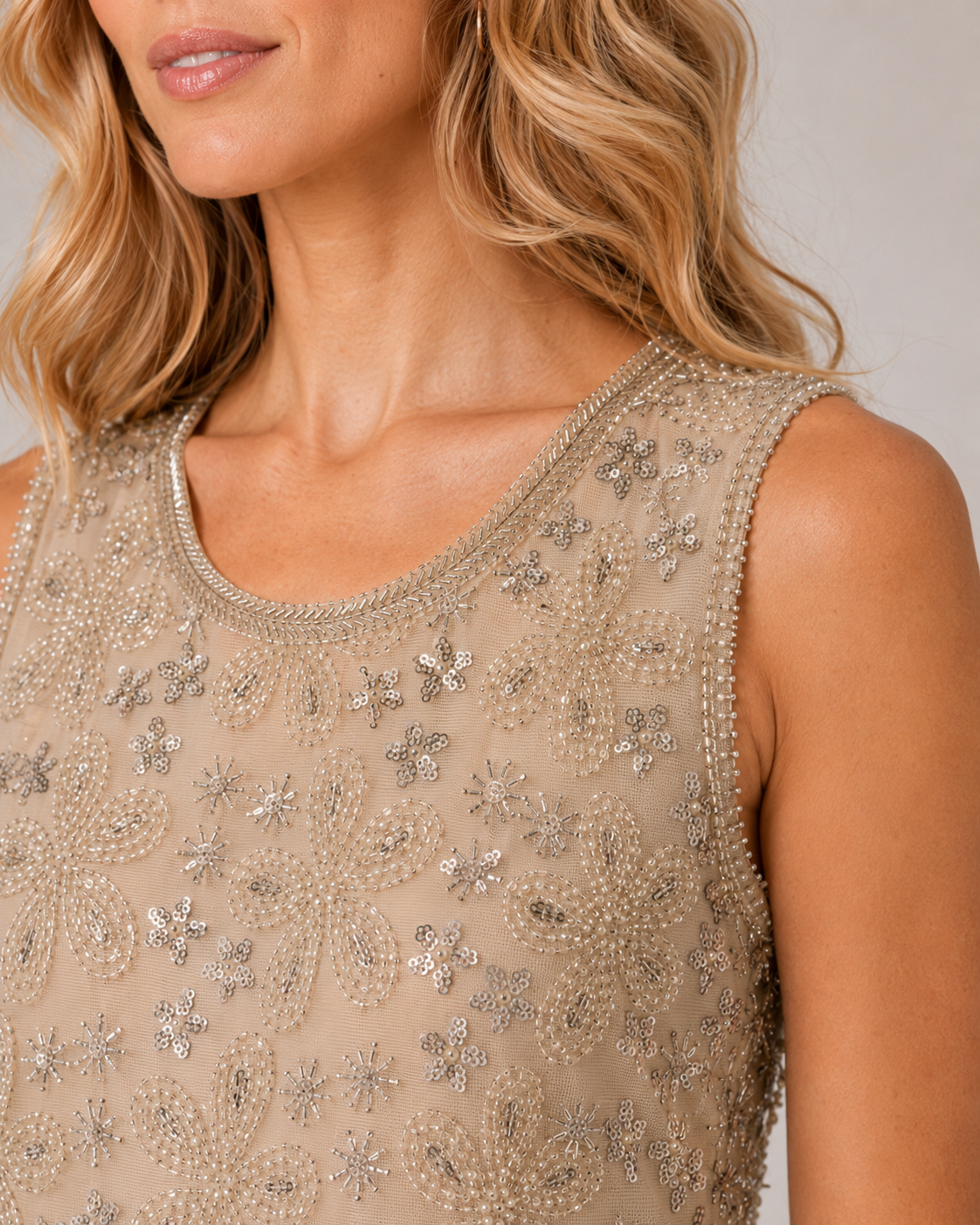 Beaded Floral Mesh Sleeveless Tank Top