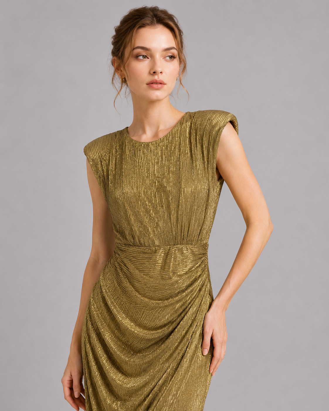 Metallic Gold Cap Sleeve Ruched Mermaid Maxi Dress