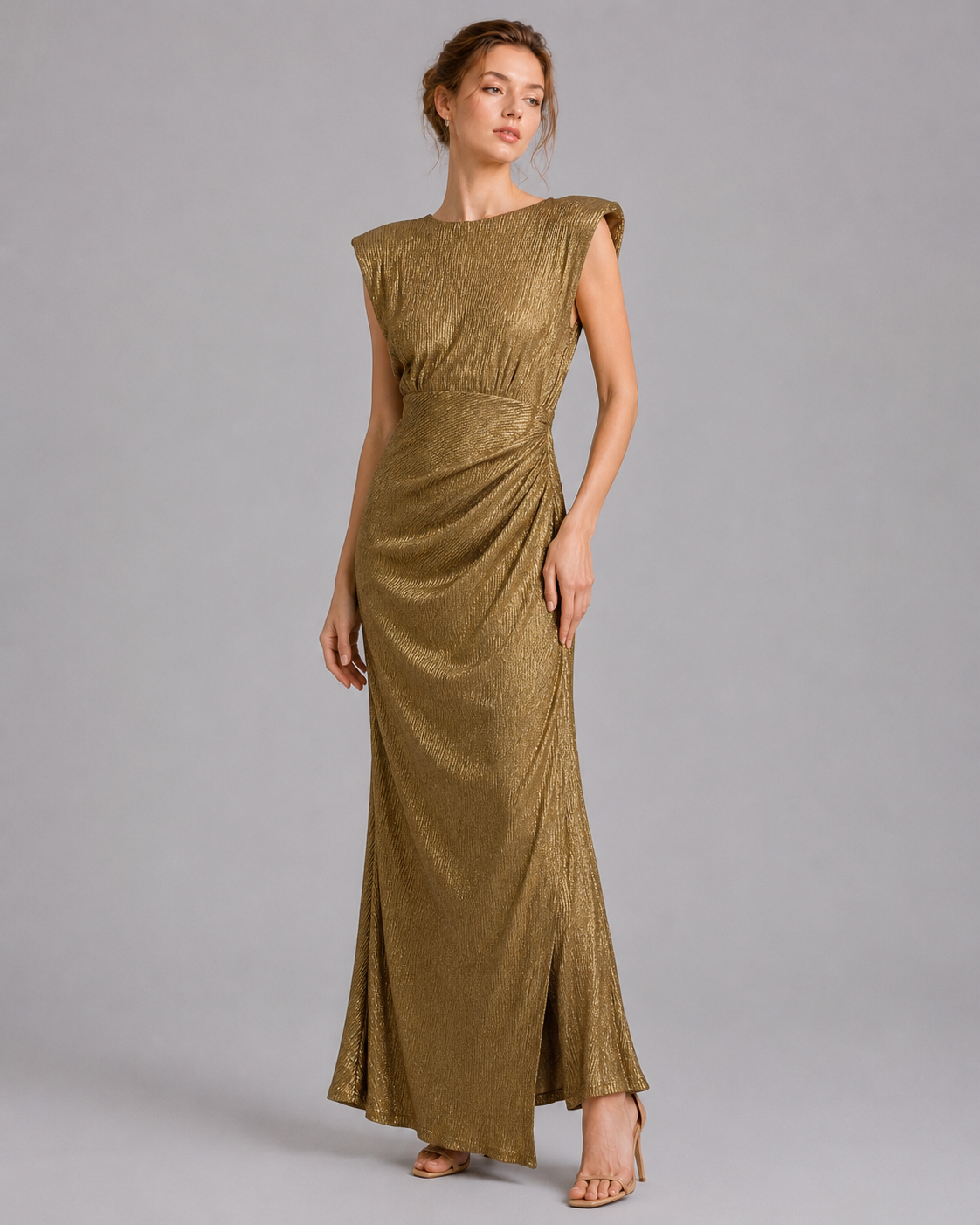 Metallic Gold Cap Sleeve Ruched Mermaid Maxi Dress
