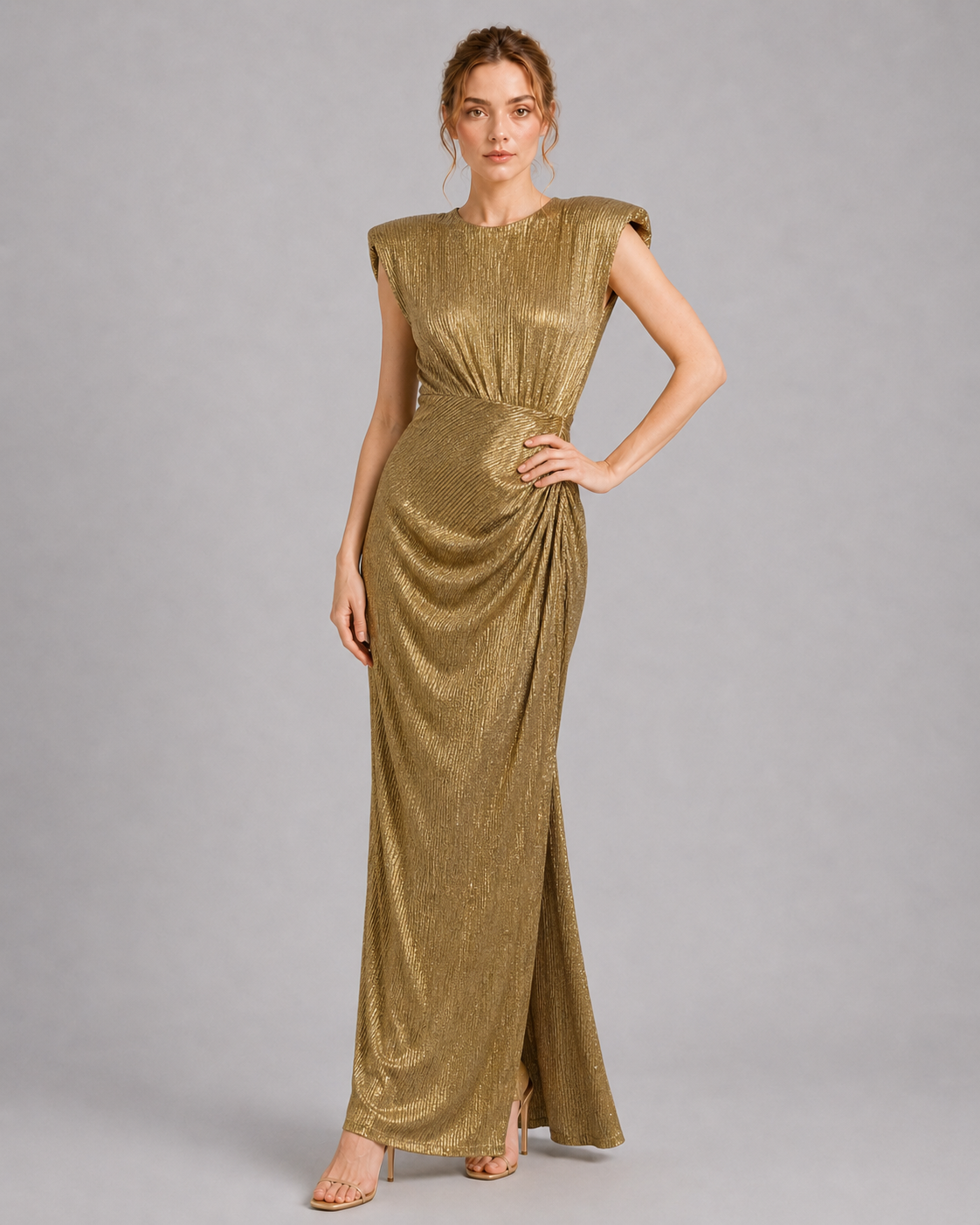 Metallic Gold Cap Sleeve Ruched Mermaid Maxi Dress