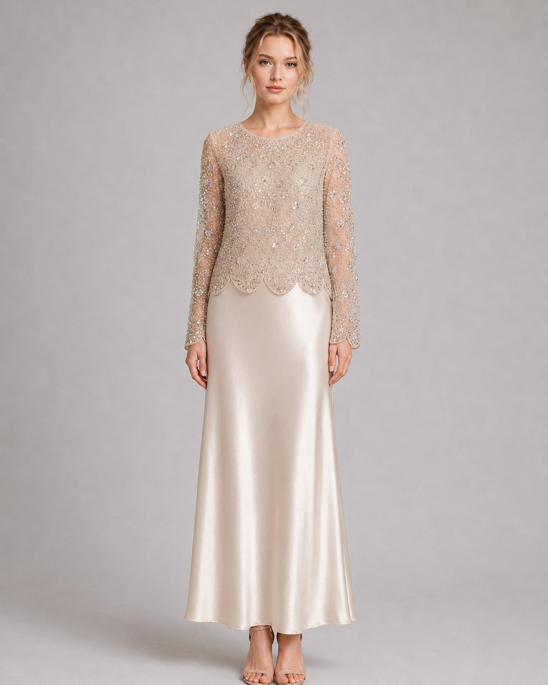 Beaded Sheer Long Sleeve Scalloped Blouse