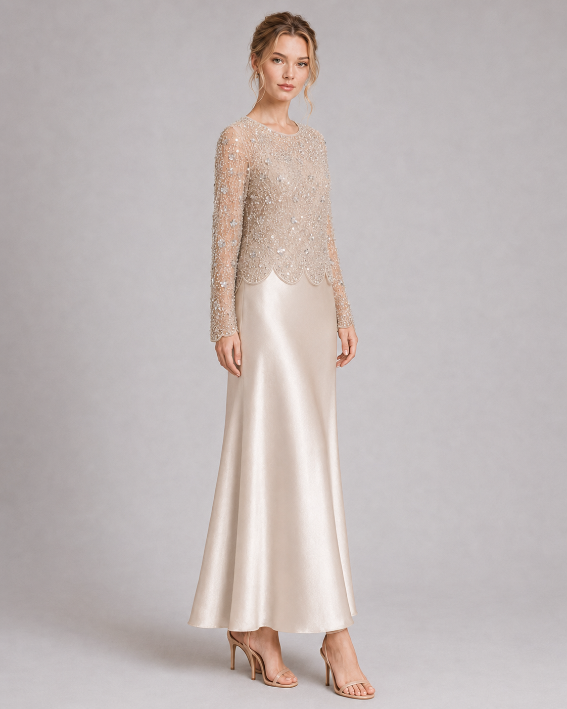 Beaded Sheer Long Sleeve Scalloped Blouse