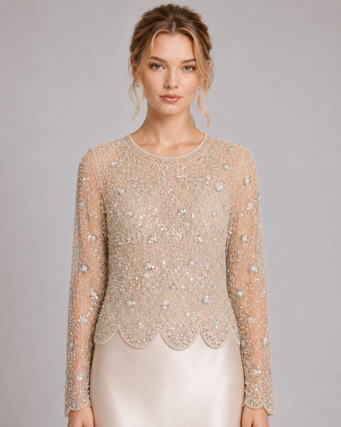 Beaded Sheer Long Sleeve Scalloped Blouse