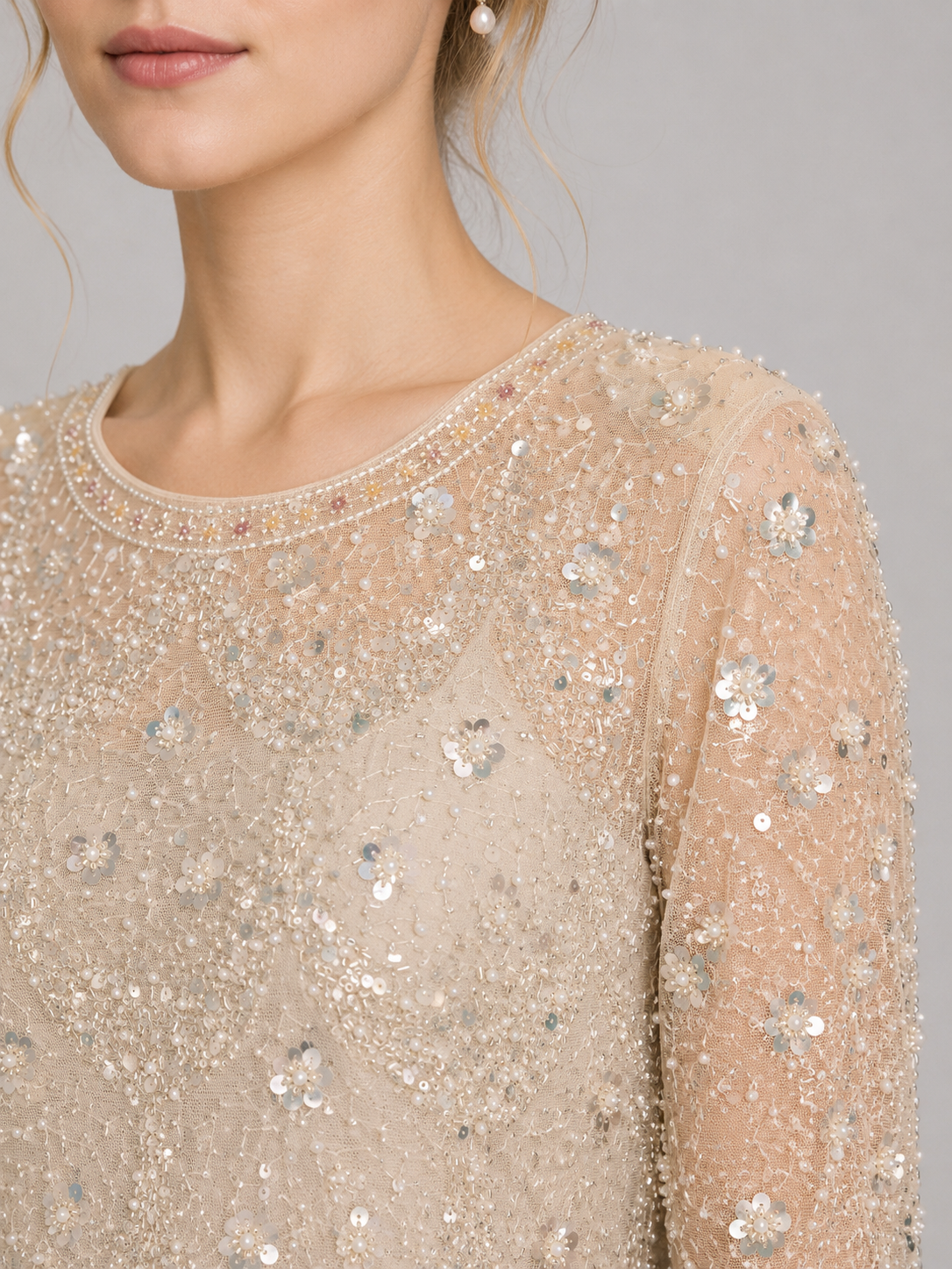 Beaded Sheer Long Sleeve Scalloped Blouse