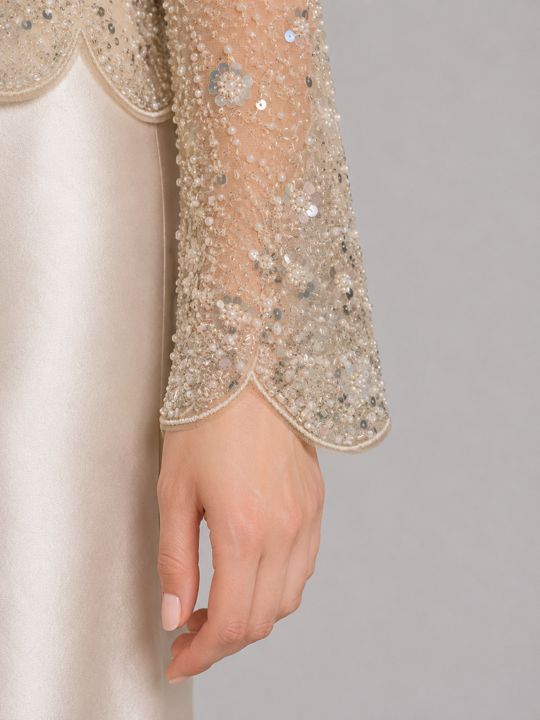 Beaded Sheer Long Sleeve Scalloped Blouse