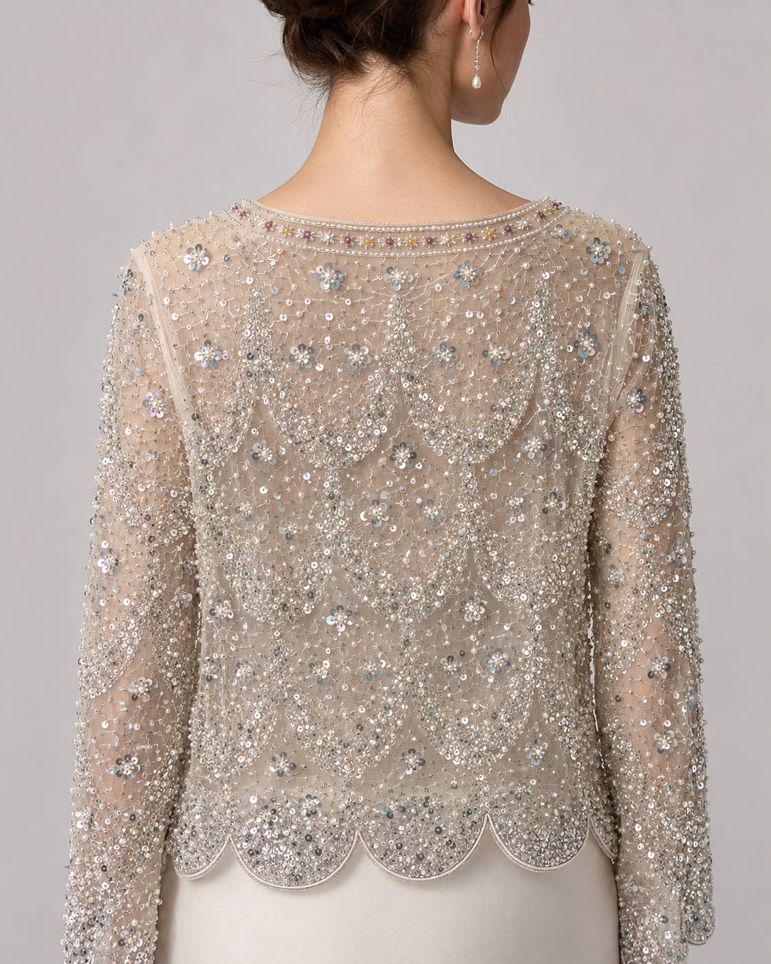 Beaded Sheer Long Sleeve Scalloped Blouse
