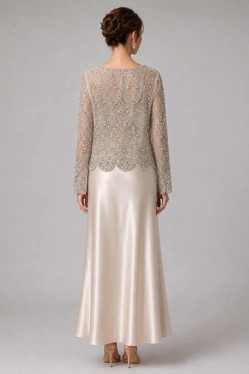 Beaded Sheer Long Sleeve Scalloped Blouse
