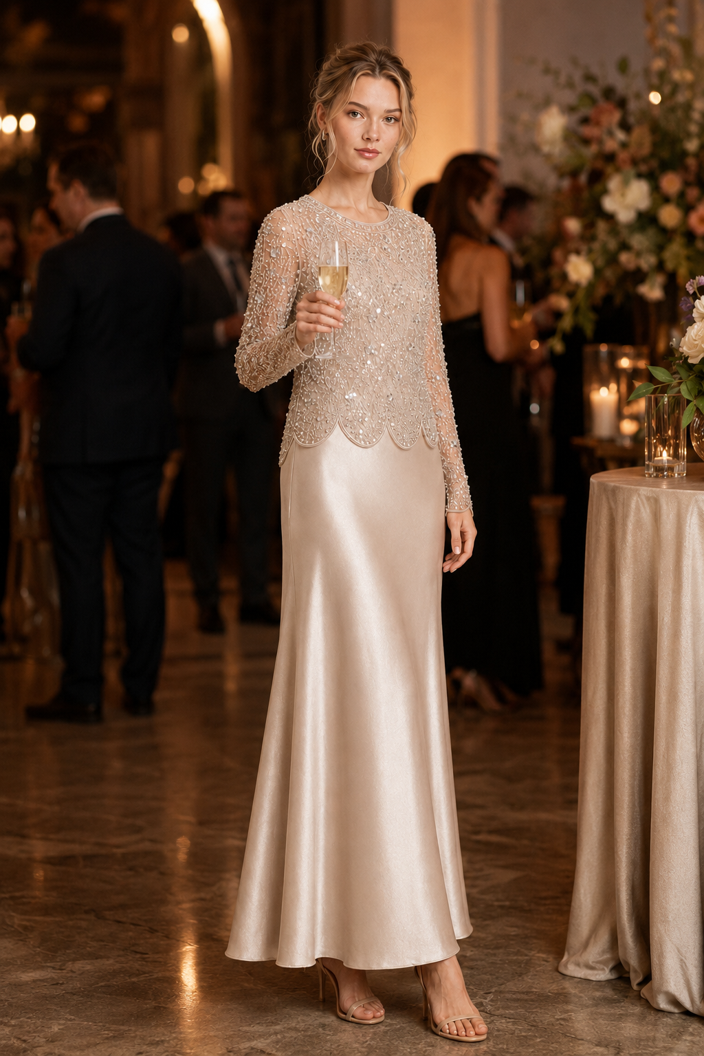 Beaded Sheer Long Sleeve Scalloped Blouse