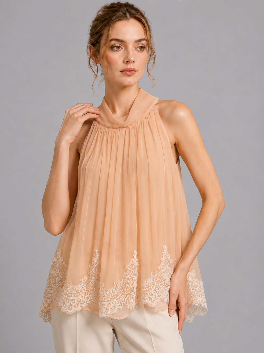Peach Halter Chiffon Lace Hem Tunic Top