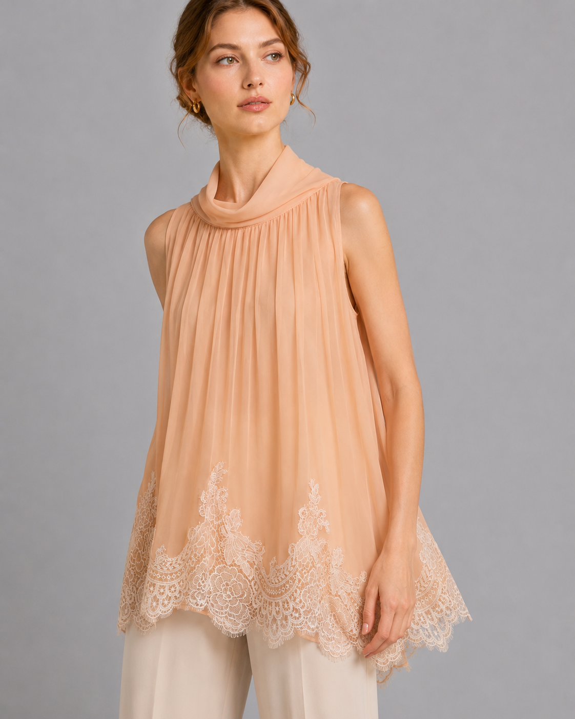 Peach Halter Chiffon Lace Hem Tunic Top