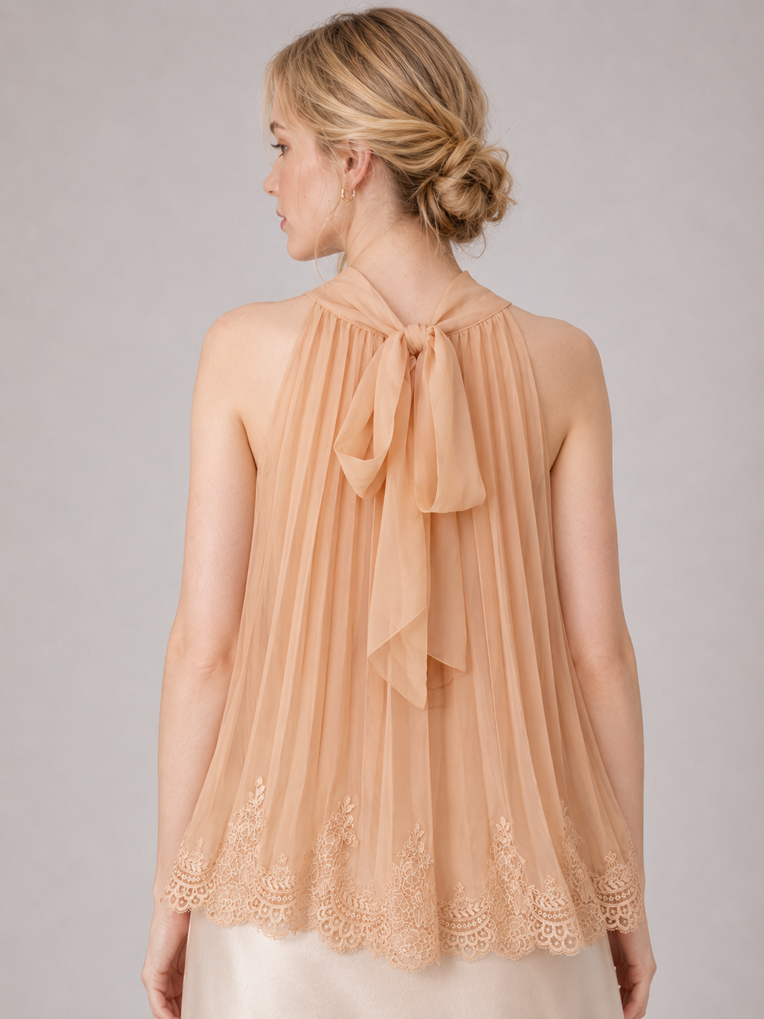 Peach Halter Chiffon Lace Hem Tunic Top