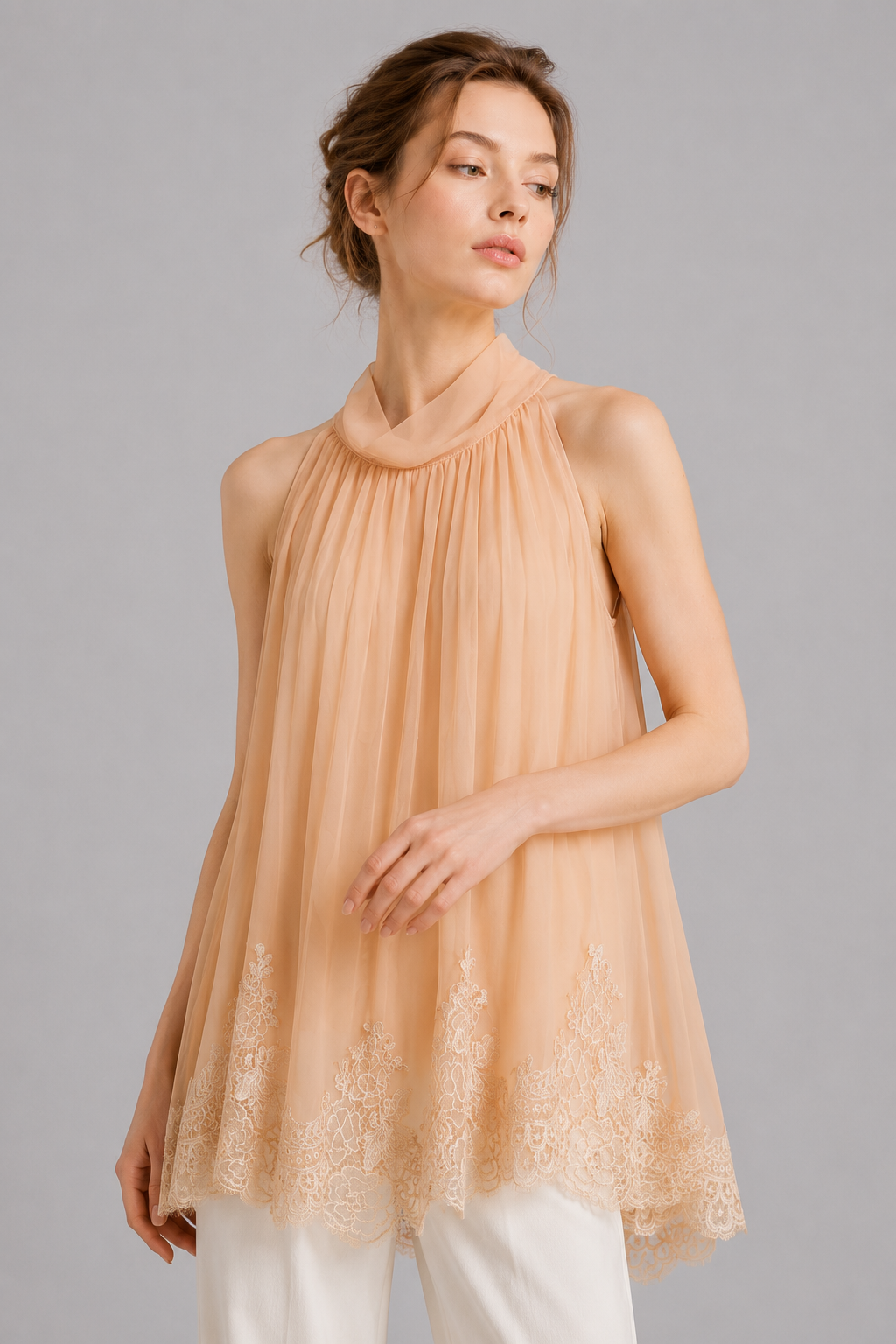 Peach Halter Chiffon Lace Hem Tunic Top
