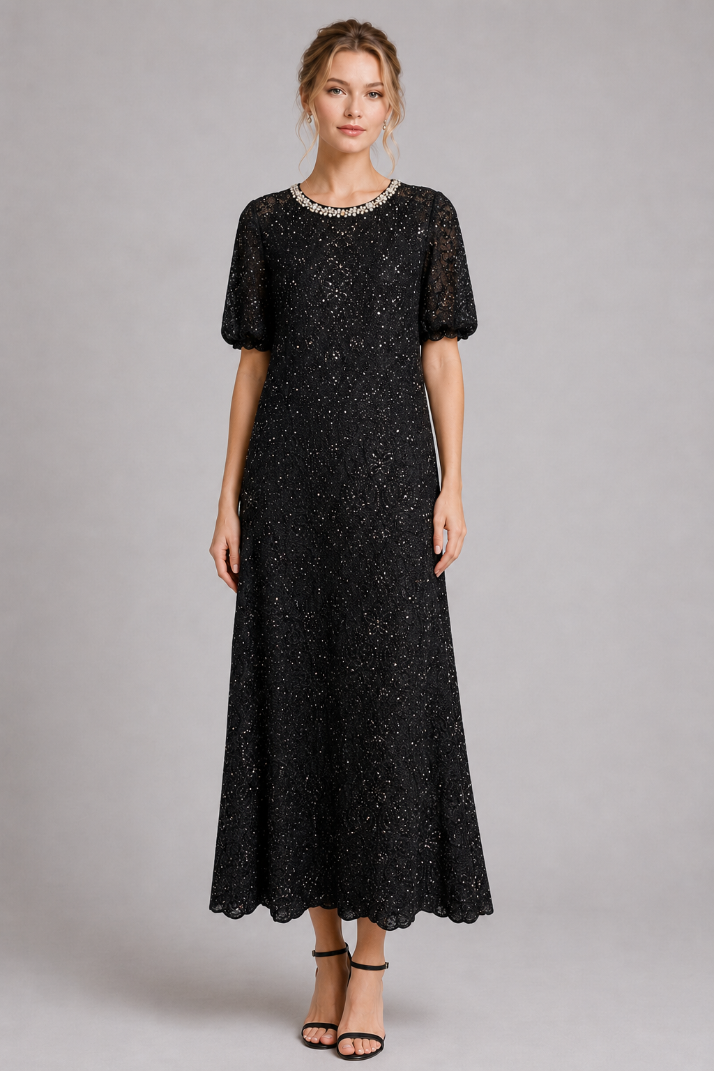Black Sparkle Lace Midi Formal Dress With Pearl Neck（With built-in slip lining）