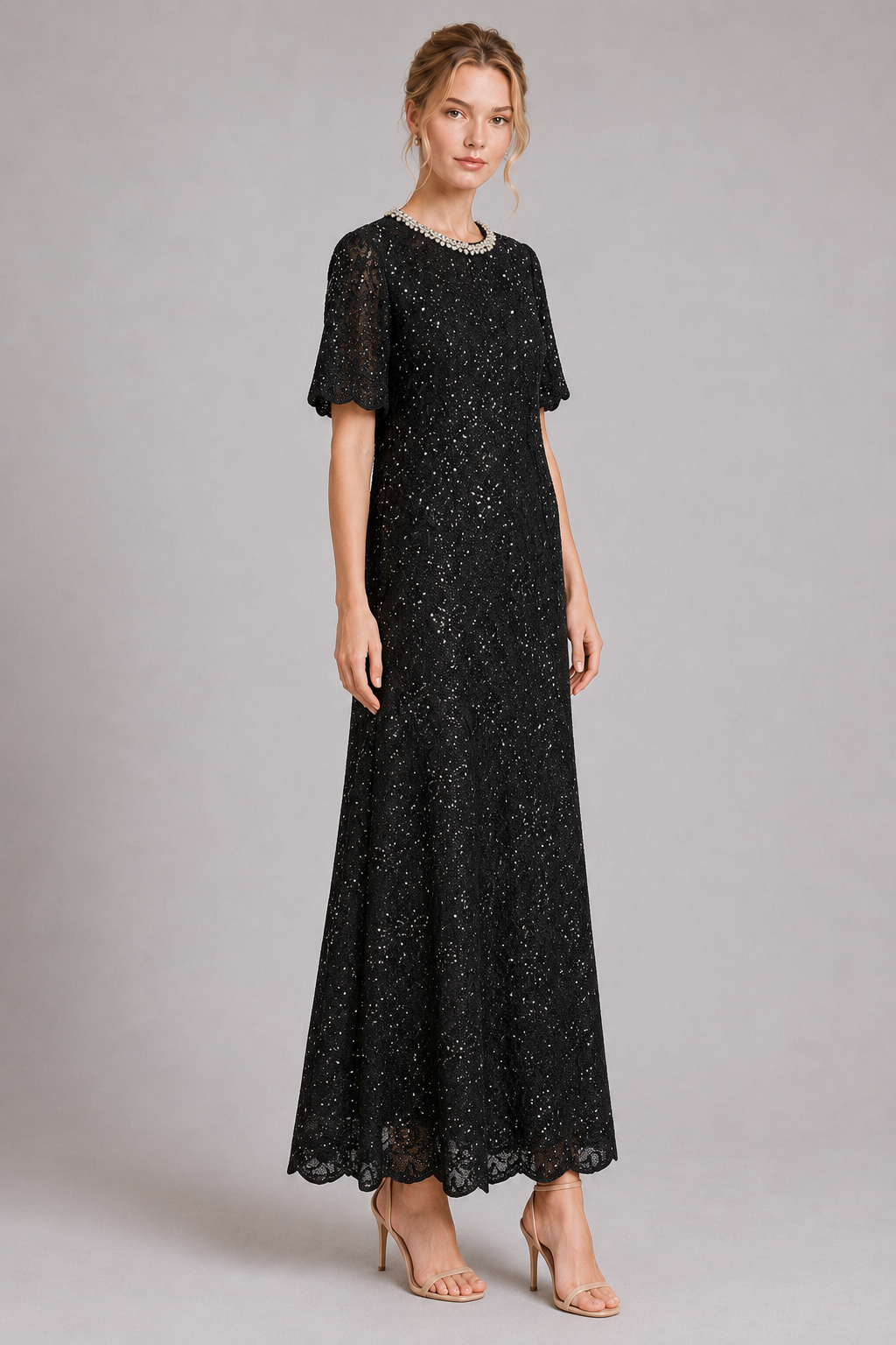 Black Sparkle Lace Midi Formal Dress With Pearl Neck（With built-in slip lining）