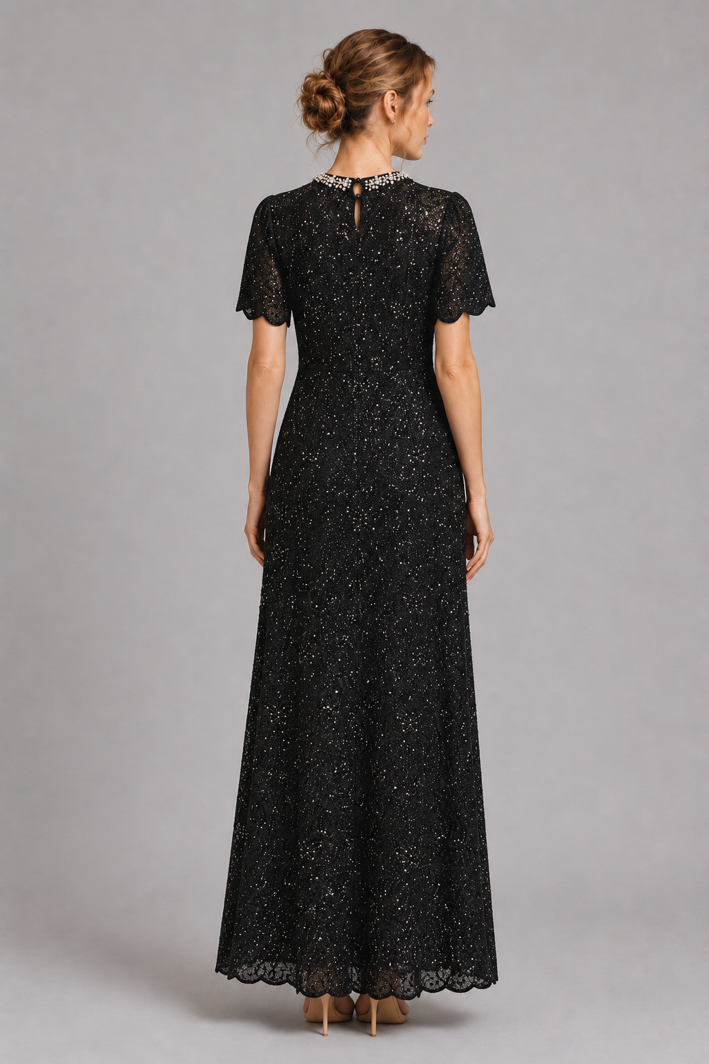 Black Sparkle Lace Midi Formal Dress With Pearl Neck（With built-in slip lining）